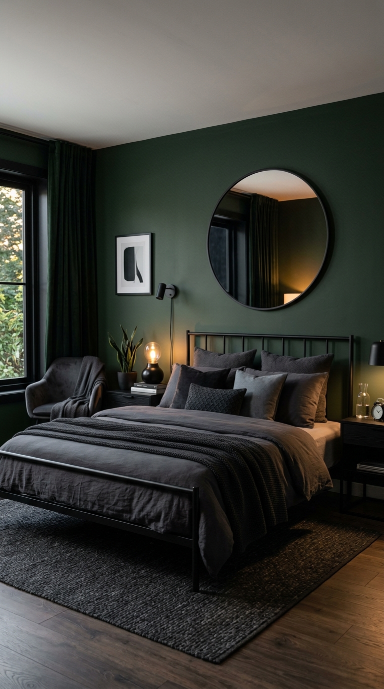 Dark green bedroom with black accent styling