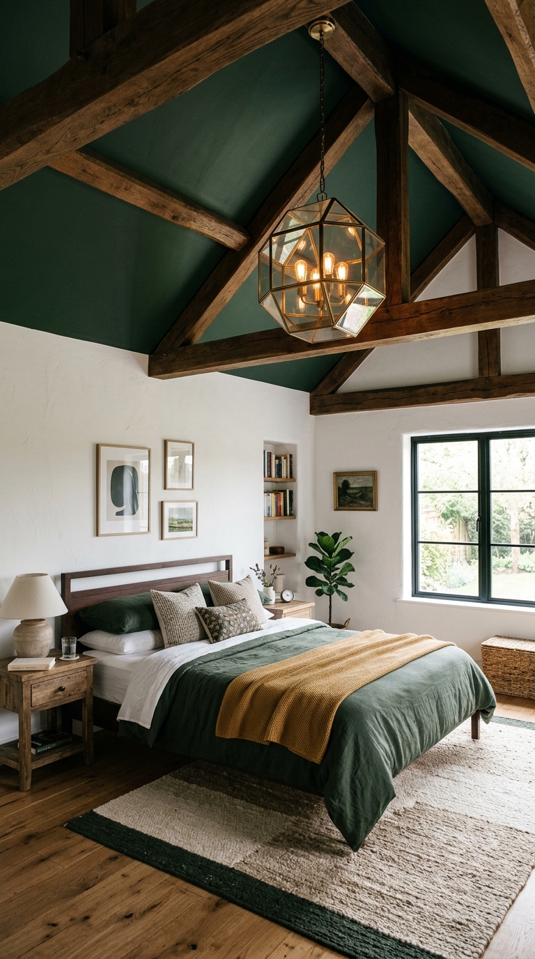 Dark green painted ceiling bedroom accent