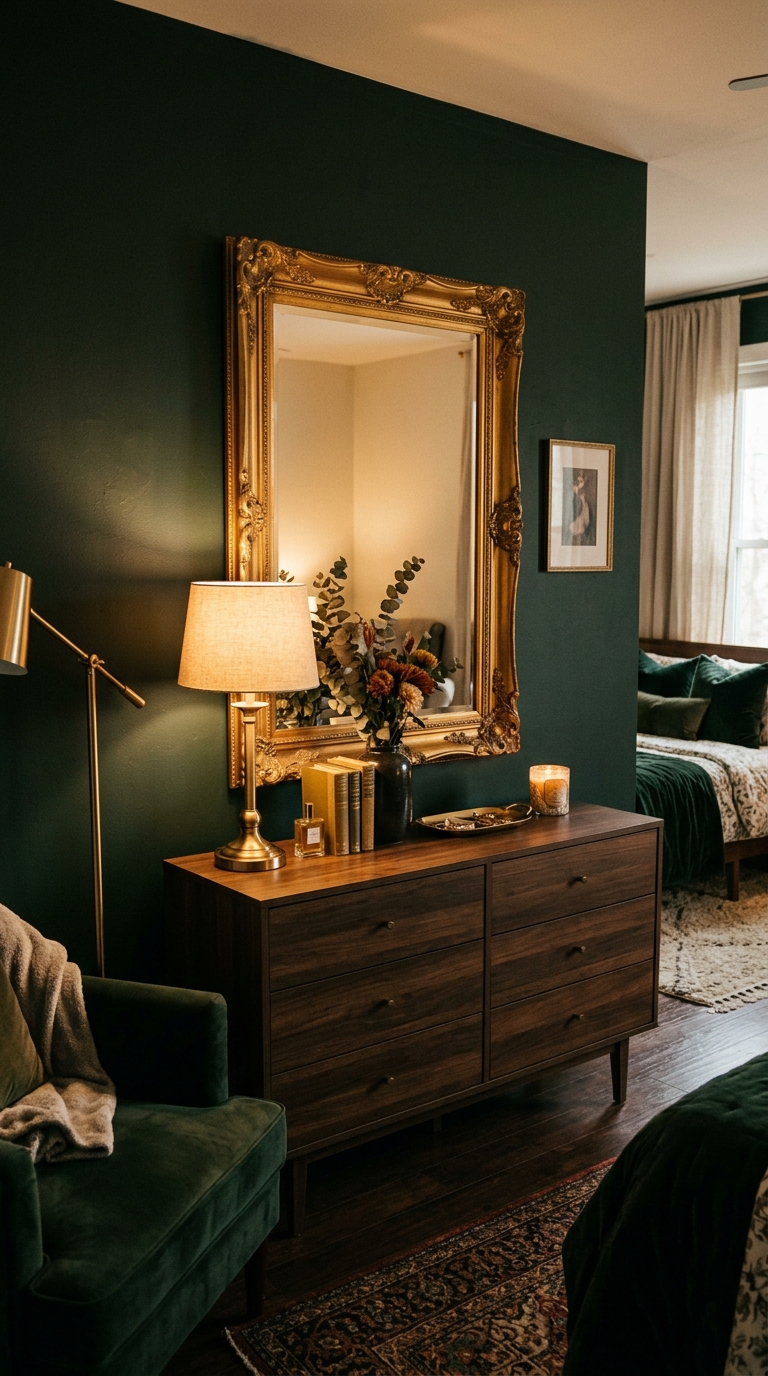 Dark green bedroom with gold mirror styling