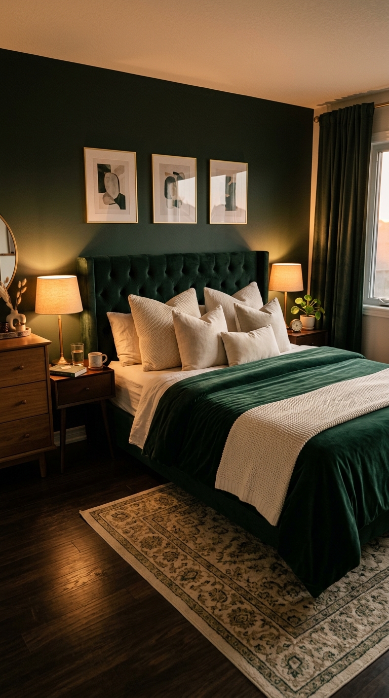 Dark green velvet bedding statement in bedroom