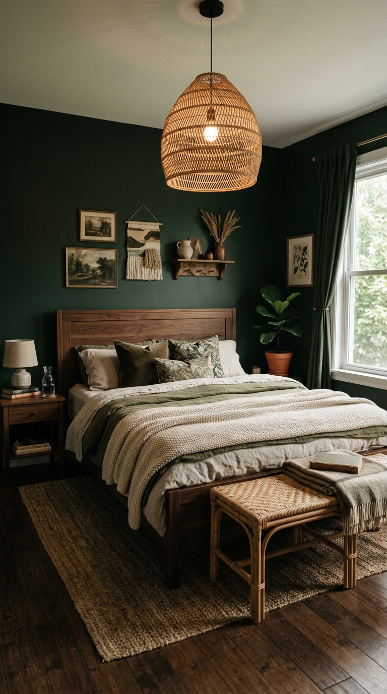 Dark green bedroom paired with warm wood furniture