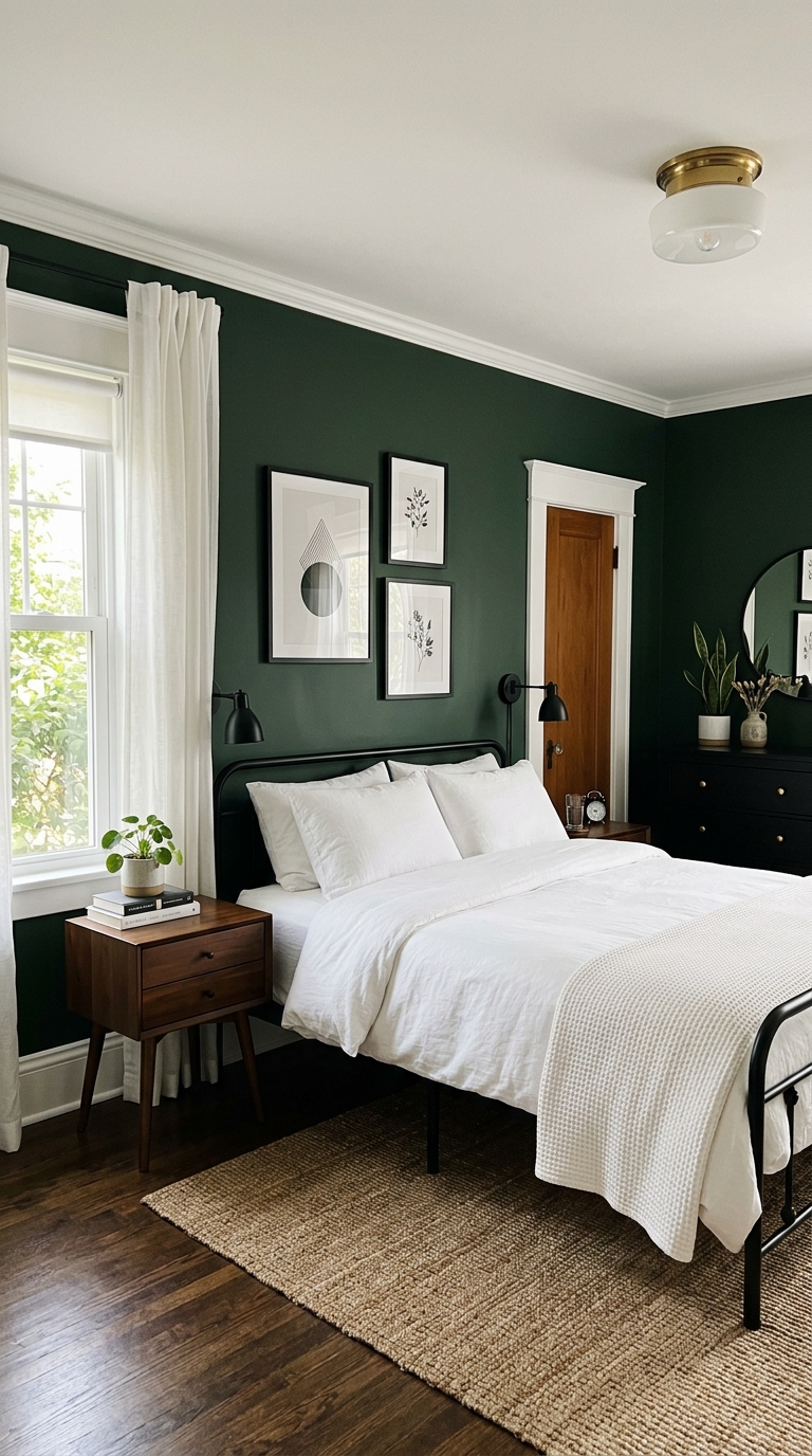 Dark green bedroom with white trim contrast