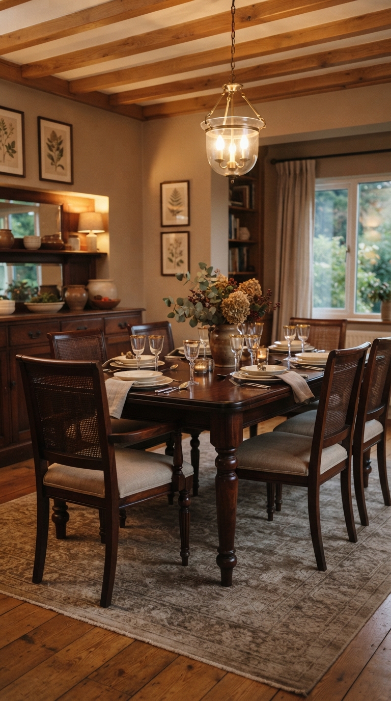 Dark mahogany wood furniture in an old money style dining room