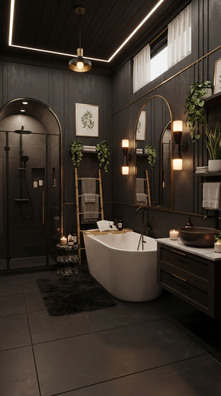 Dark modern Bloxburg bathroom with black walls, brass accents and luxury lighting.