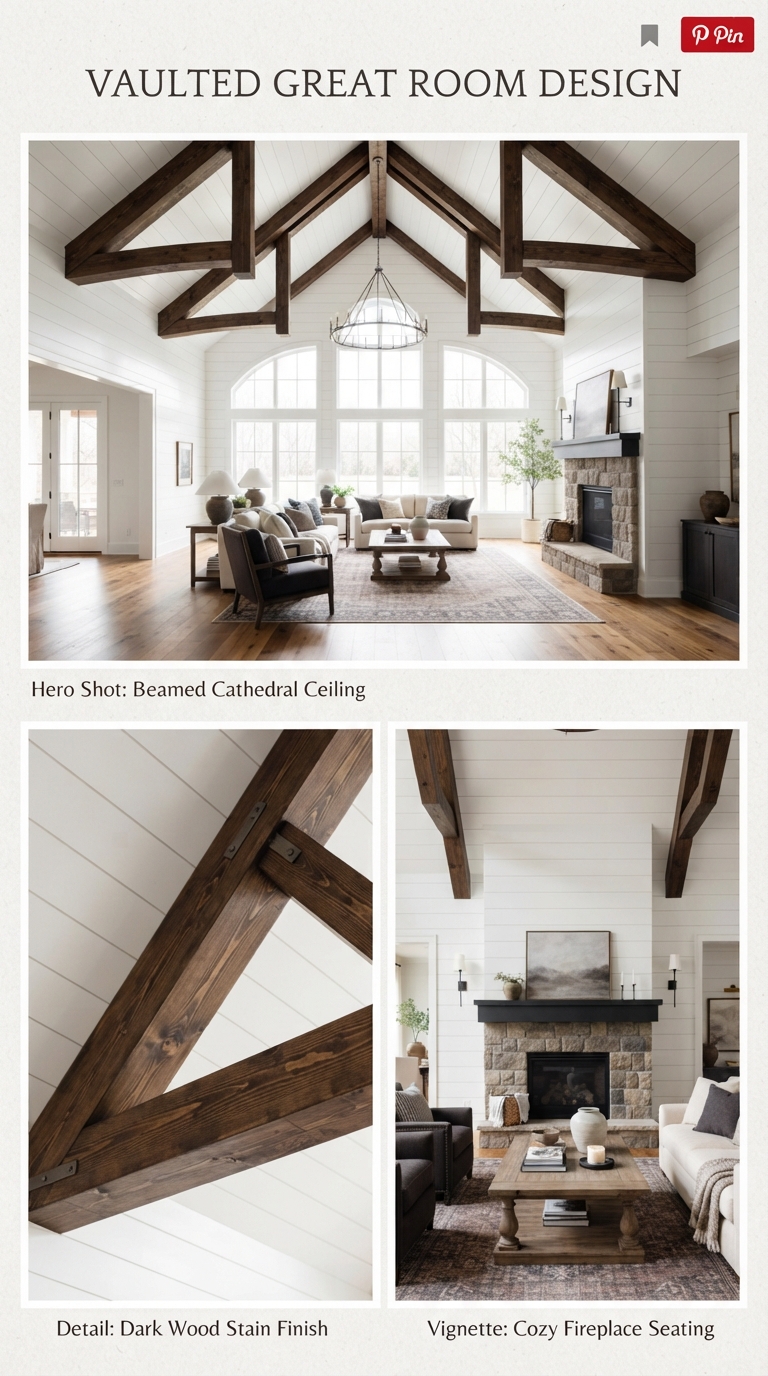 Collage of dark stained wood beams on a cathedral vaulted ceiling