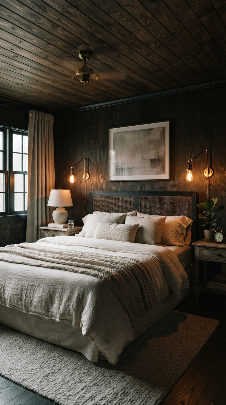 Dark stained plywood ceiling in a cozy moody bedroom