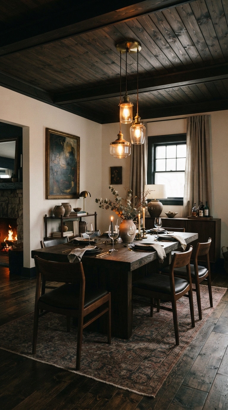 Dark stained wood plank ceiling in a cozy dining room