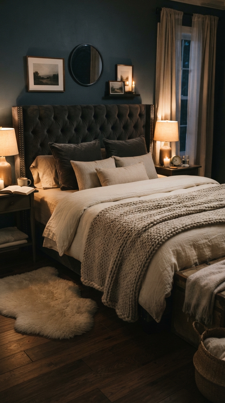 Dark tufted headboard bedroom styled with a cozy knit throw