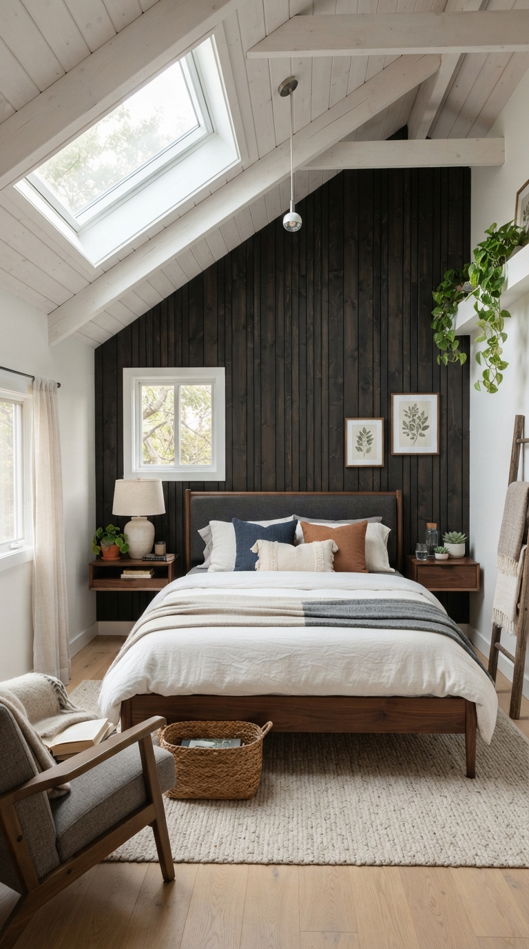 Dark wood accent wall behind bed in a slanted ceiling bedroom