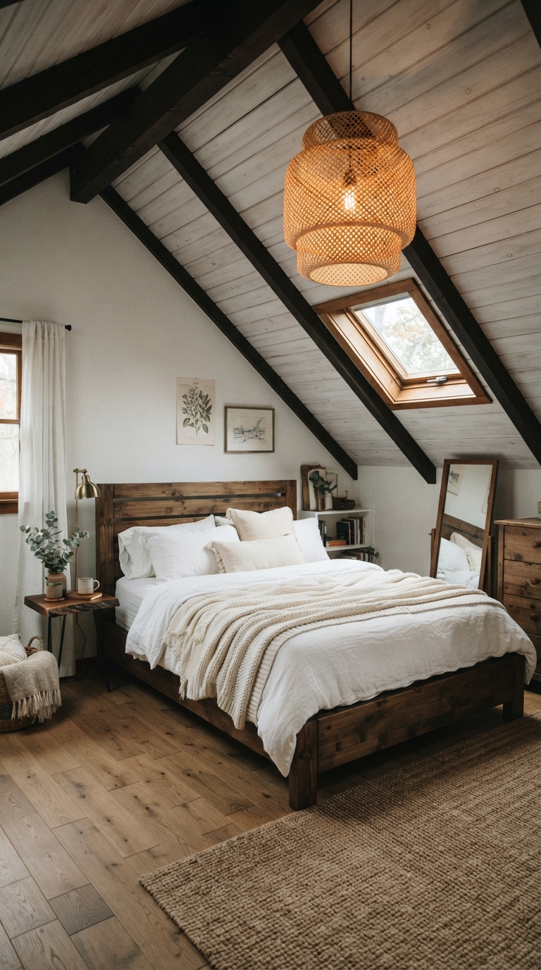 Slanted ceiling bedroom with dark wood bed frame and white layered bedding
