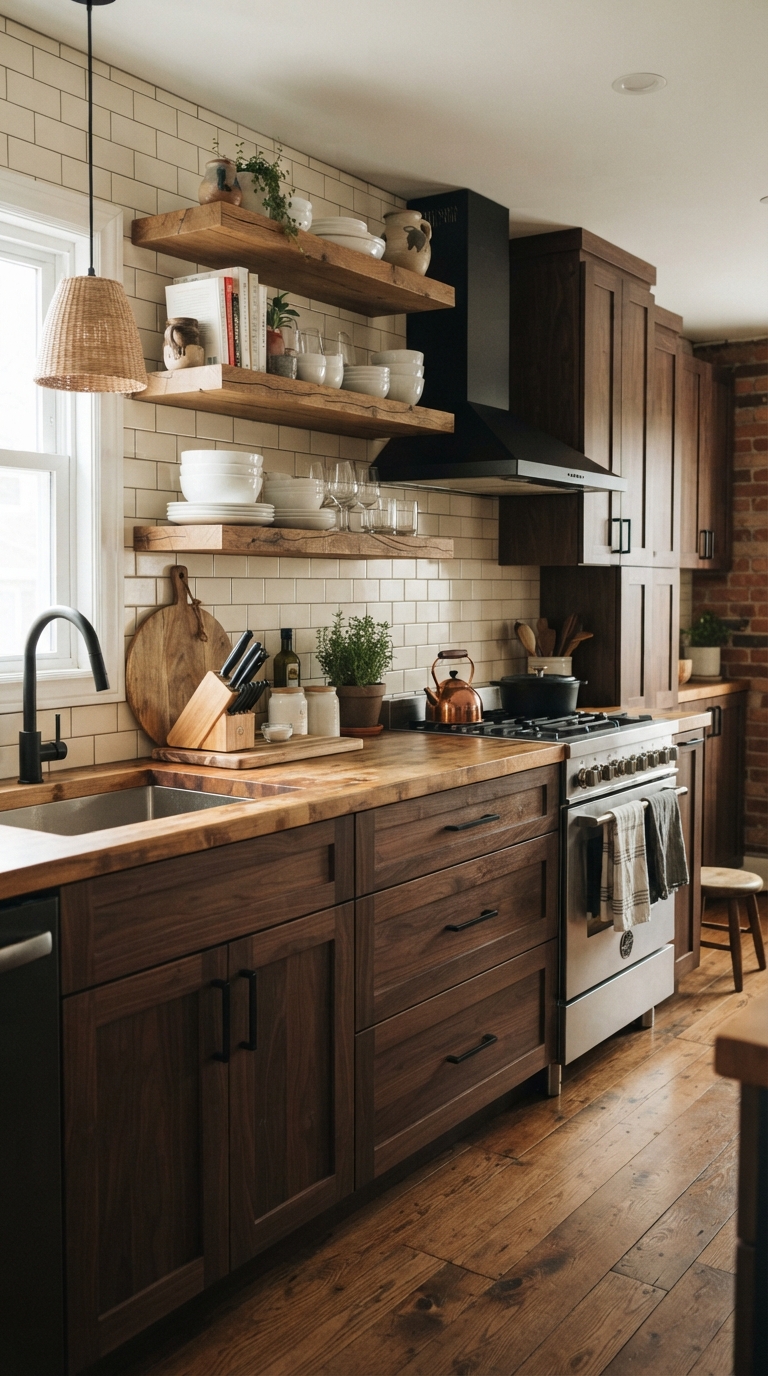 Dark wood kitchen cabinets with butcher block countertop combination