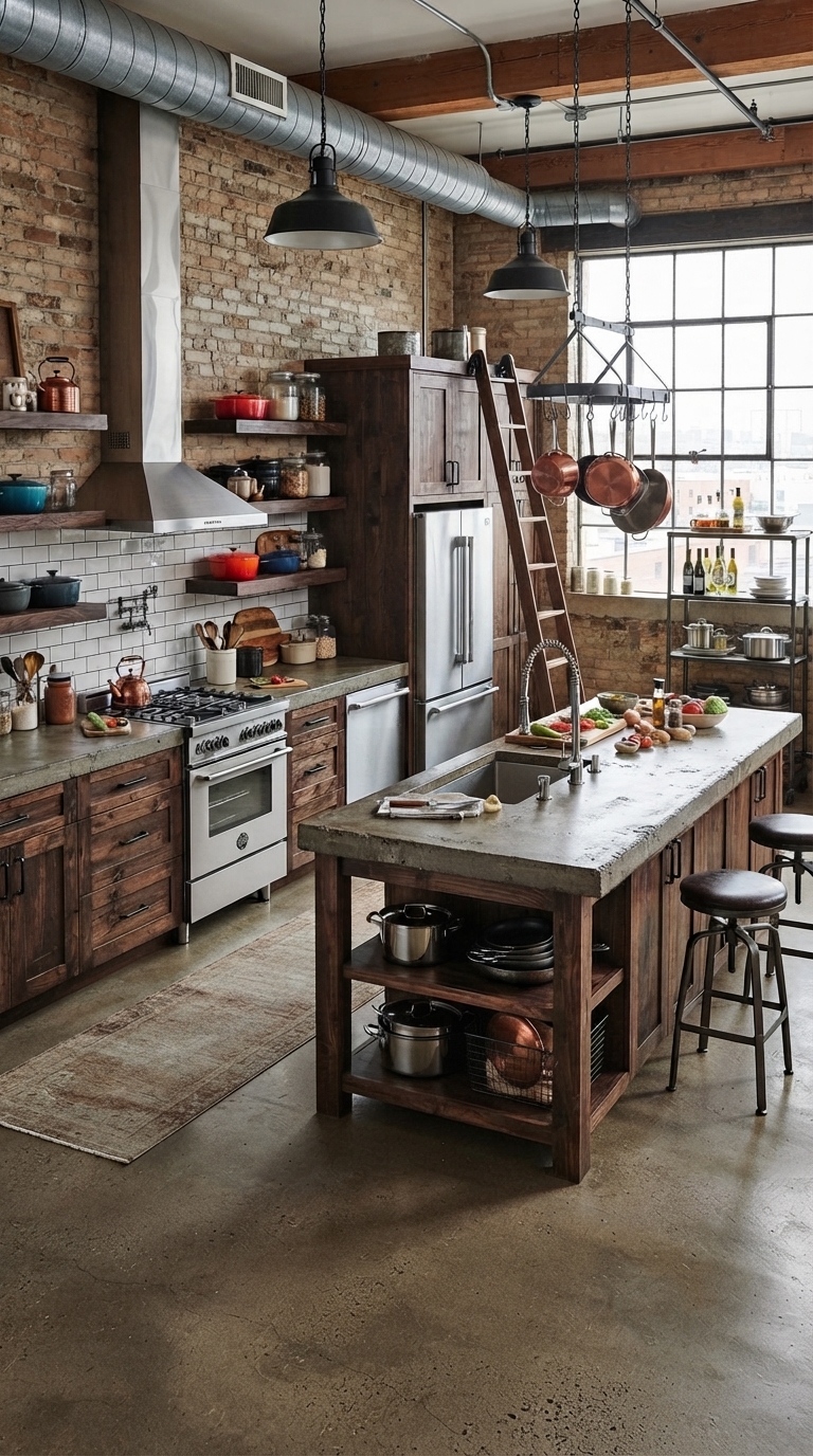 Dark wood kitchen cabinets paired with concrete countertops