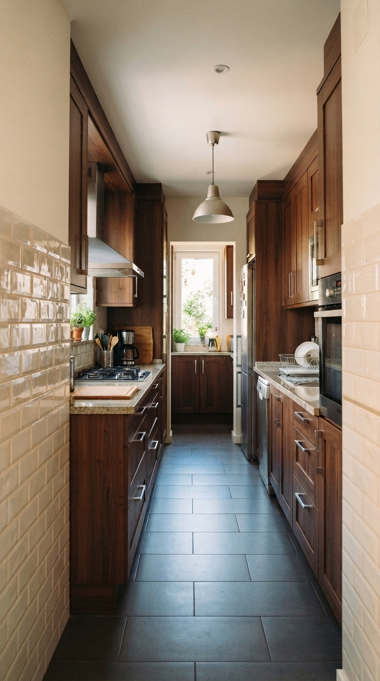 Dark wood kitchen cabinets styled in a narrow galley kitchen layout