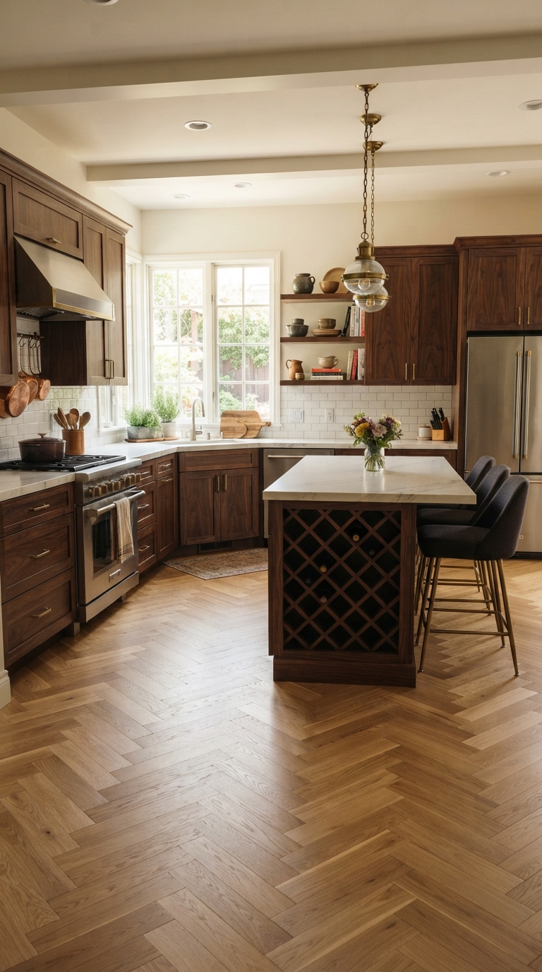 Dark wood kitchen cabinets with herringbone patterned flooring