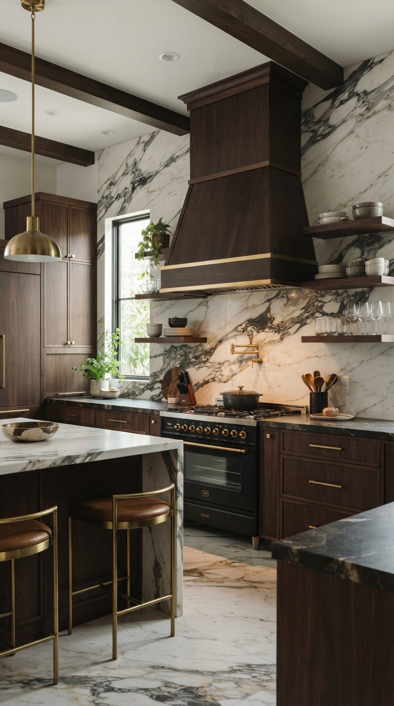 Dark wood kitchen cabinets paired with marble backsplash and range hood