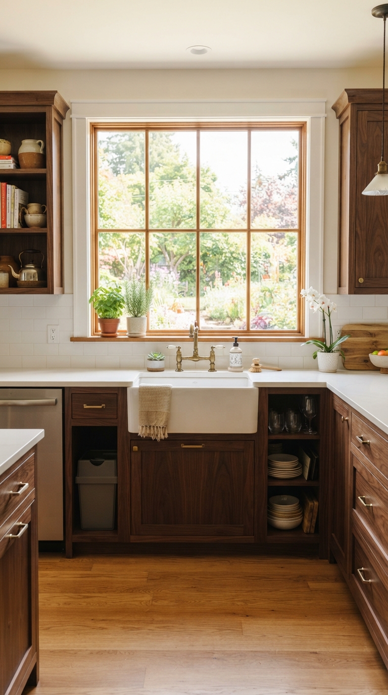 Dark wood kitchen cabinets under a sunlit window above the sink