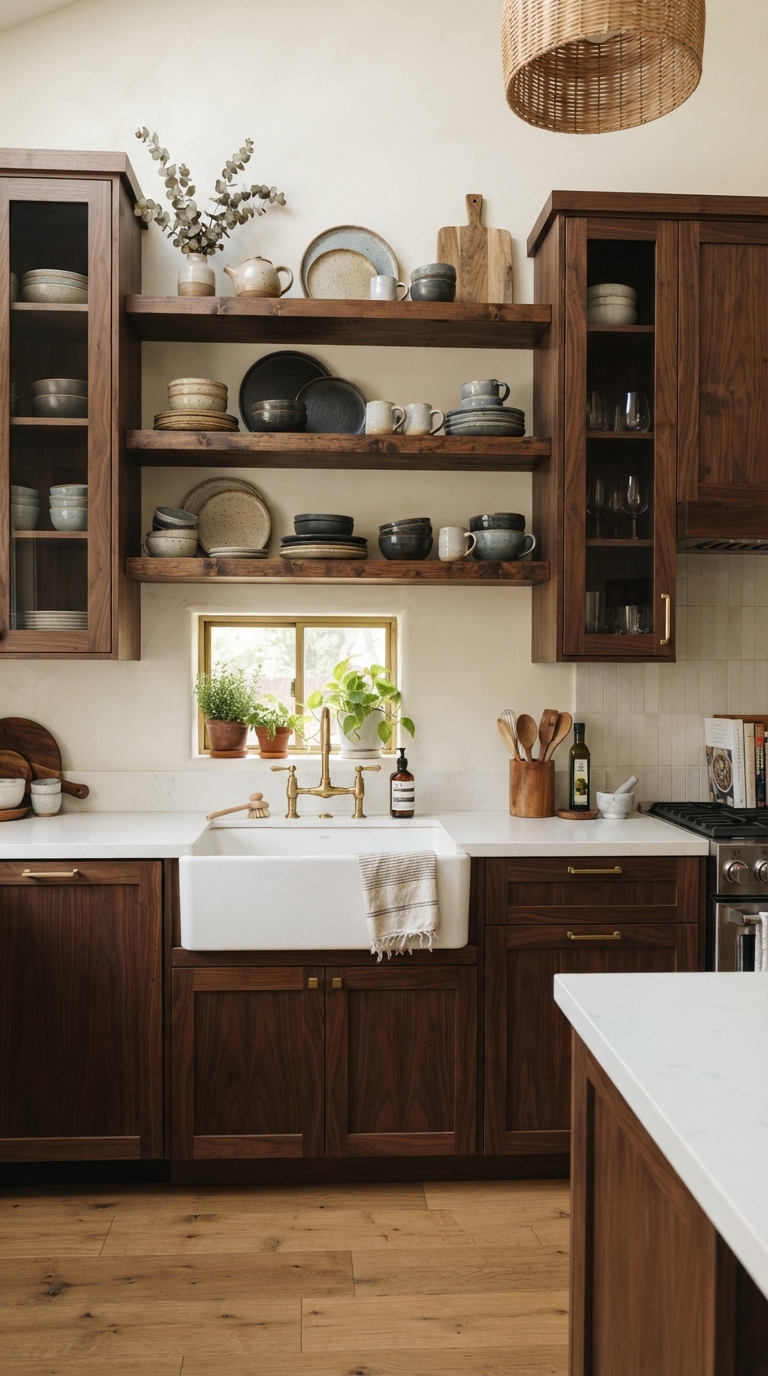 Dark wood cabinets combined with open shelving styled with ceramics