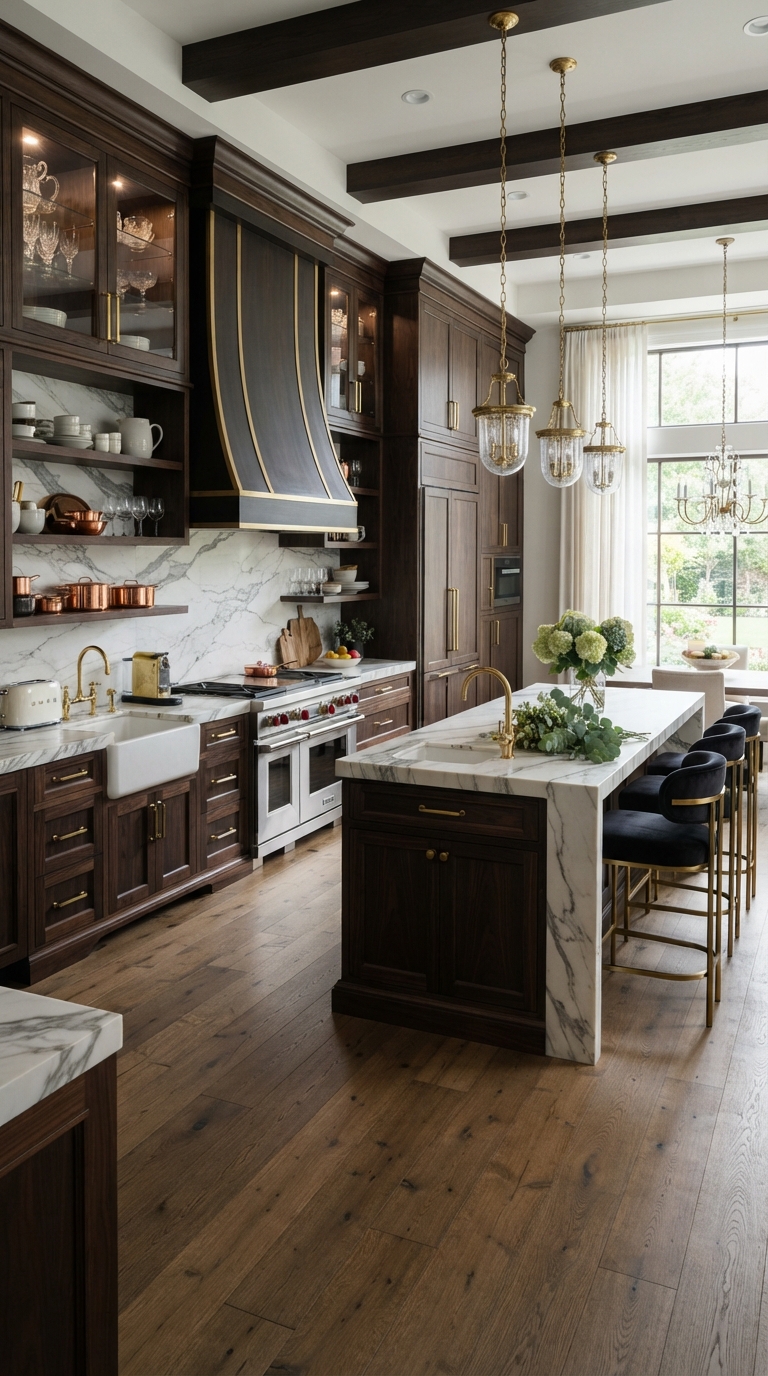 Dark wood kitchen cabinets with gold hardware for a luxury look