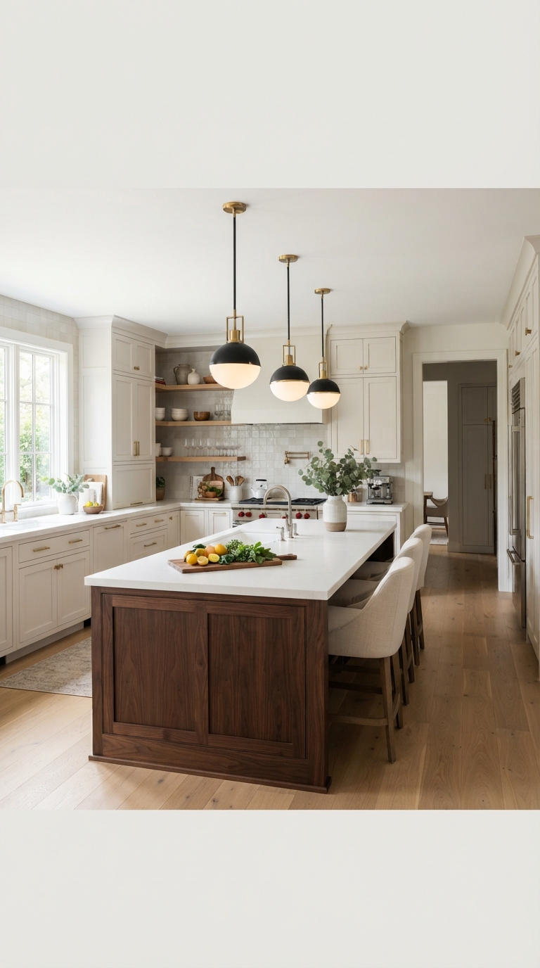 Dark wood kitchen island paired with light perimeter cabinetry