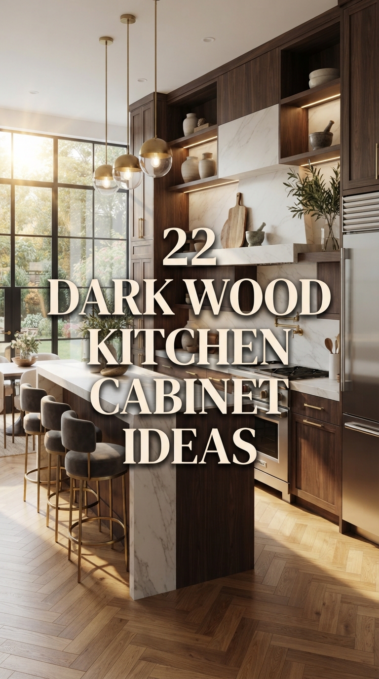 Dark wood kitchen cabinets with marble countertops, brass hardware, and bold title text for luxury kitchen design ideas.