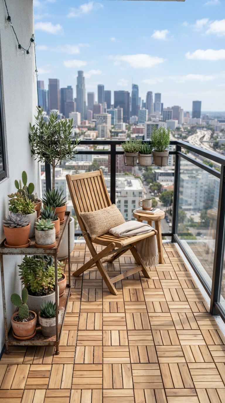 Renter-friendly balcony patio with interlocking wood deck tiles