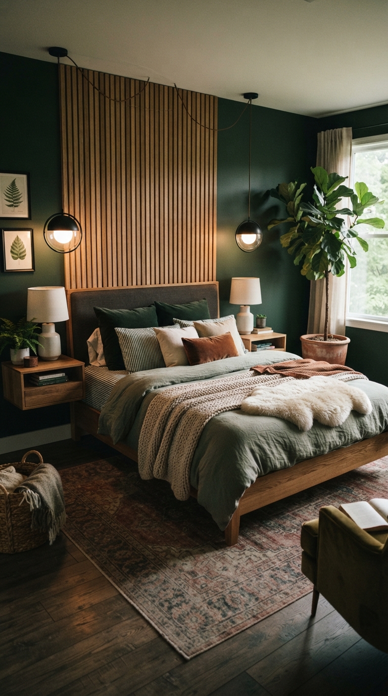 Deep green biophilic bedroom design with wood slat accent wall