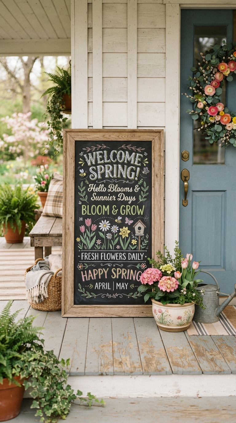 DIY chalkboard welcome sign styled on a spring front porch