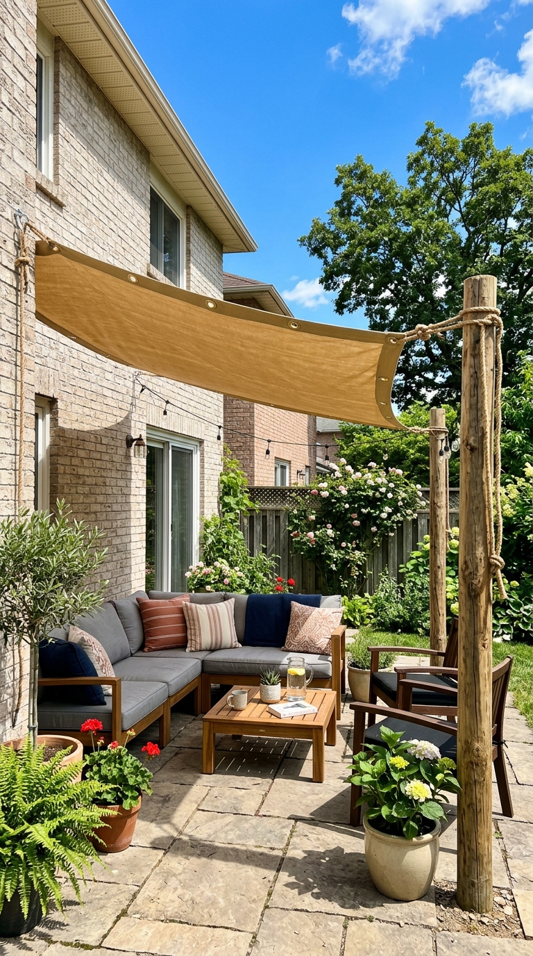 DIY fabric canopy patio shade using rope and grommets