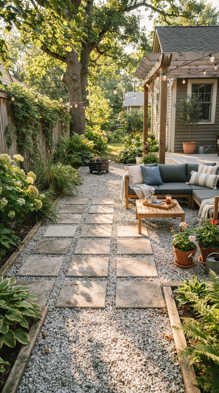 DIY budget patio with concrete pavers and gravel