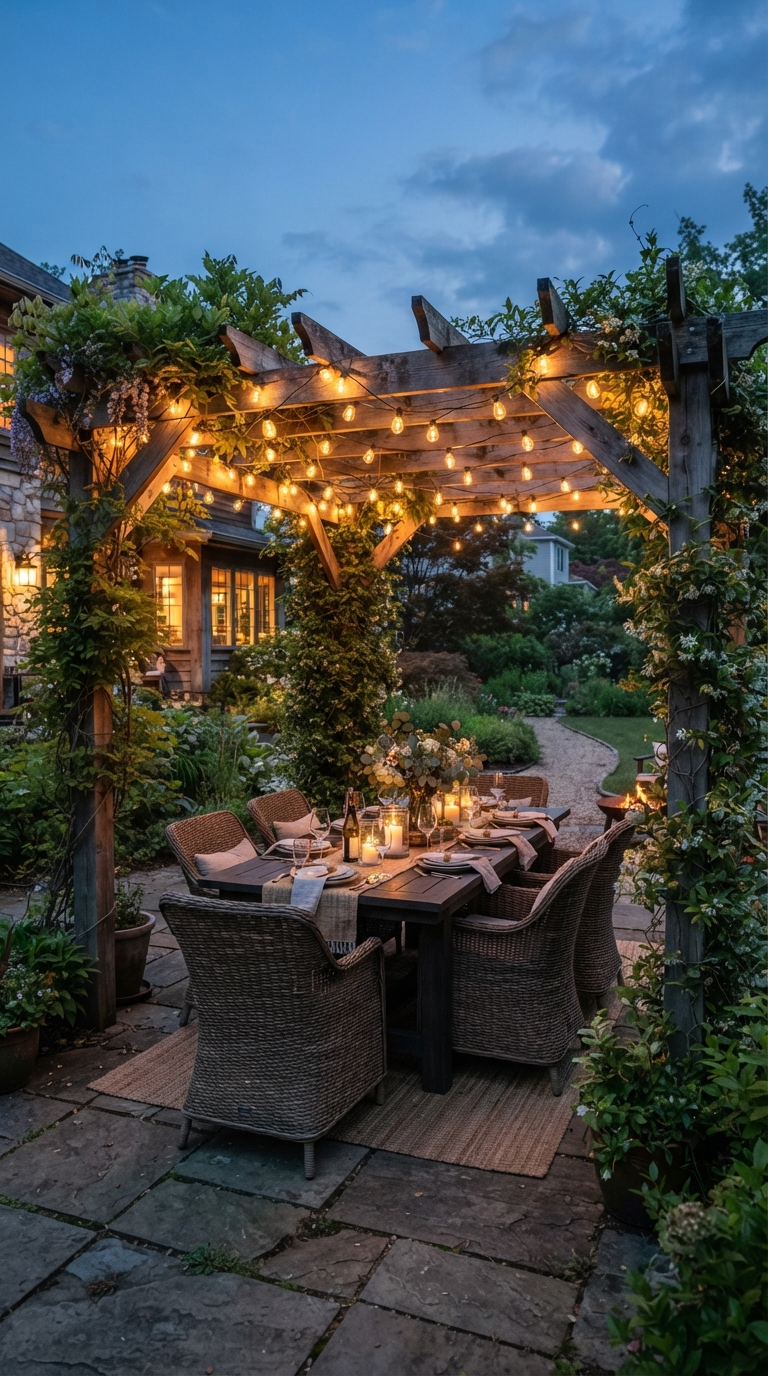 DIY wood pergola patio with string lights at dusk