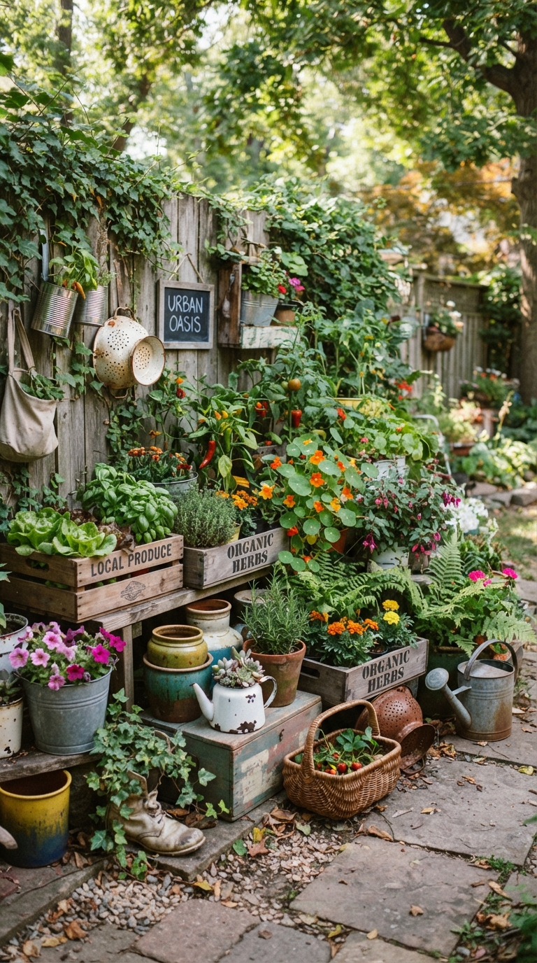 DIY upcycled container garden styled in a backyard corner.