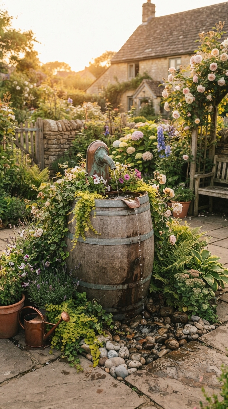 DIY wine barrel fountain idea for a budget garden