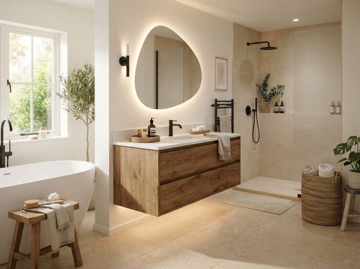 Modern aesthetic bathroom with oak vanity, freestanding tub, matte black fixtures, and warm neutral spa-inspired decor.