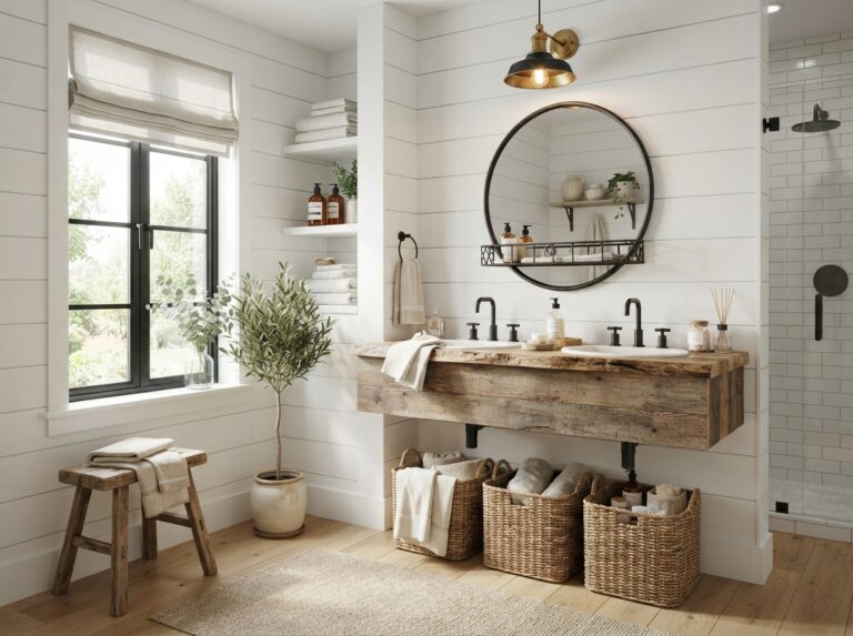 Modern farmhouse bathroom featuring a reclaimed wood vanity, shiplap walls, vintage decor, warm lighting, and cozy rustic accents