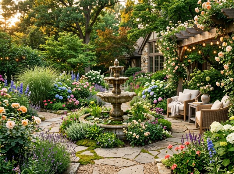 Beautiful backyard garden with a stone outdoor fountain, colorful flowers, lush greenery, and cozy seating creating a peaceful backyard retreat.