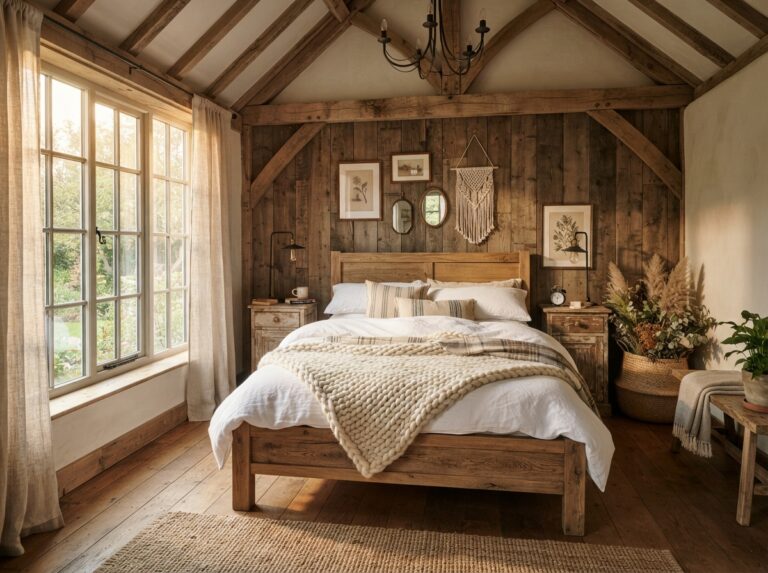 Cozy rustic bedroom with reclaimed wood, farmhouse furniture, and warm neutral decor.