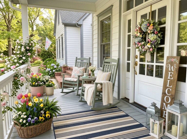 Cozy spring front porch decorated with a floral wreath, colorful planters, rocking chairs, lanterns, and fresh seasonal decor.