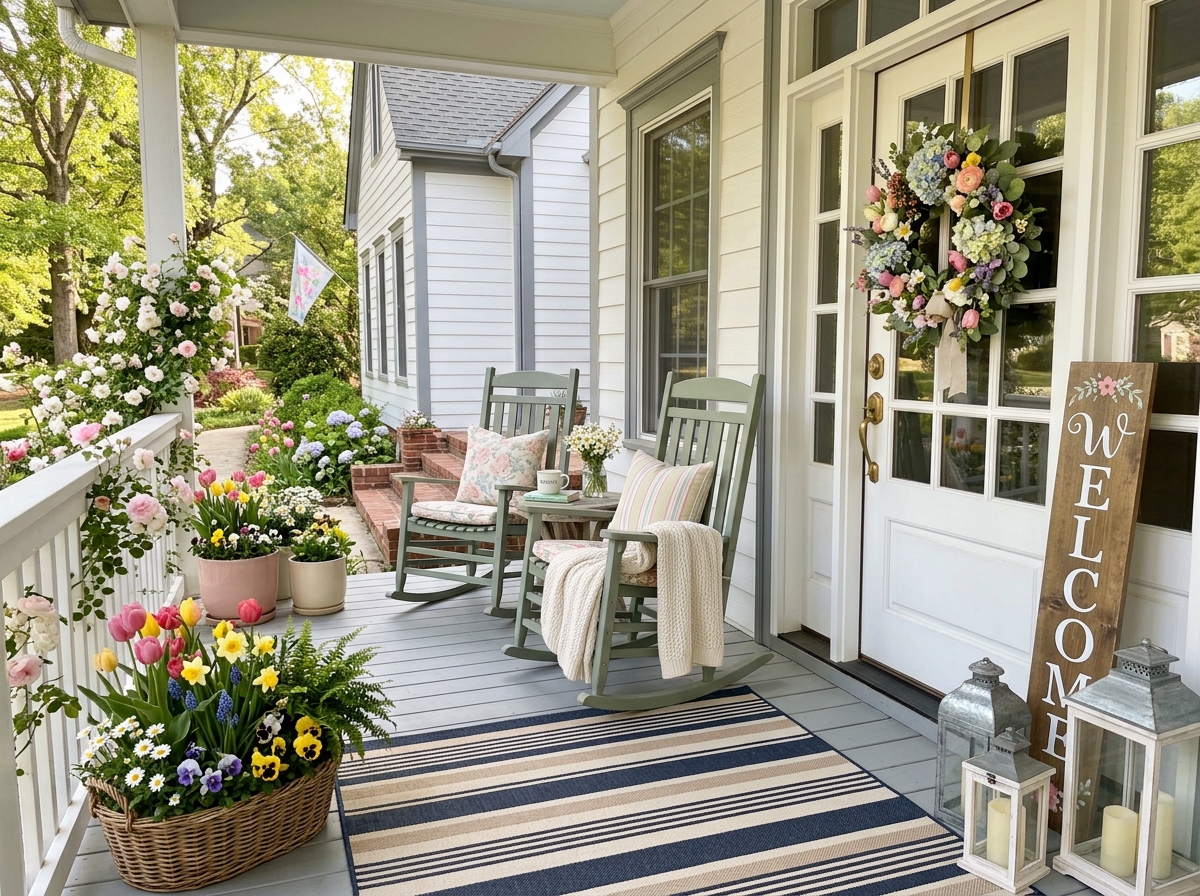 Cozy spring front porch decorated with a floral wreath, colorful planters, rocking chairs, lanterns, and fresh seasonal decor.