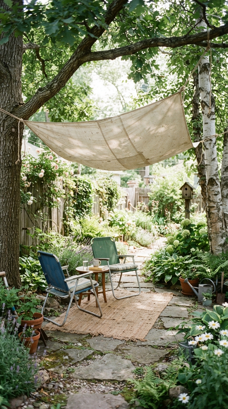 Canvas drop cloth stretched as a budget patio canopy