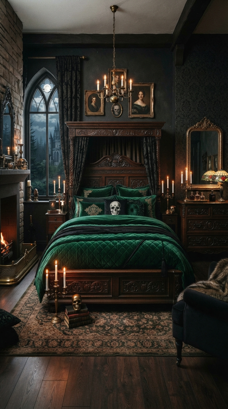 Moody emerald green velvet gothic bedroom decor