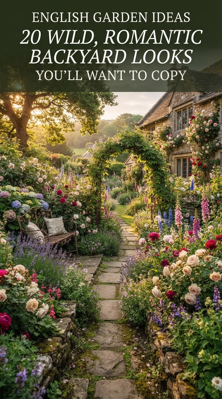 English garden ideas featuring romantic cottage flowers, stone pathways, and a lush backyard landscape.