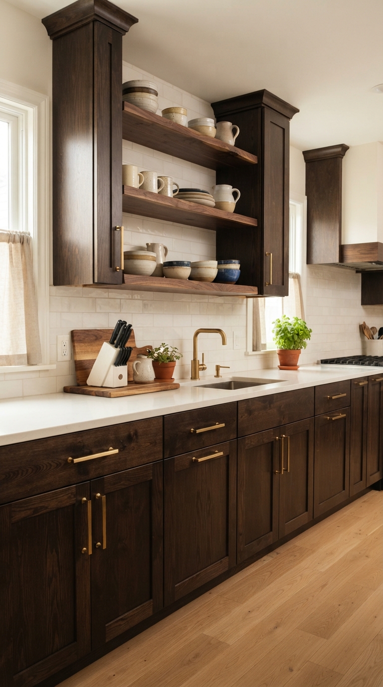 Espresso kitchen cabinets with brass hardware for warm elegant contrast