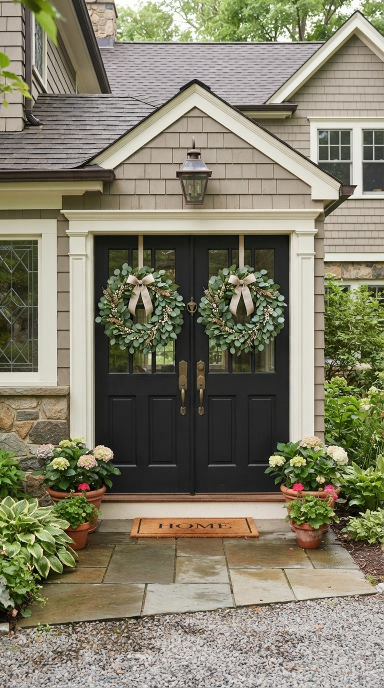 Symmetrical eucalyptus wreaths with pastel ribbon on a spring front door