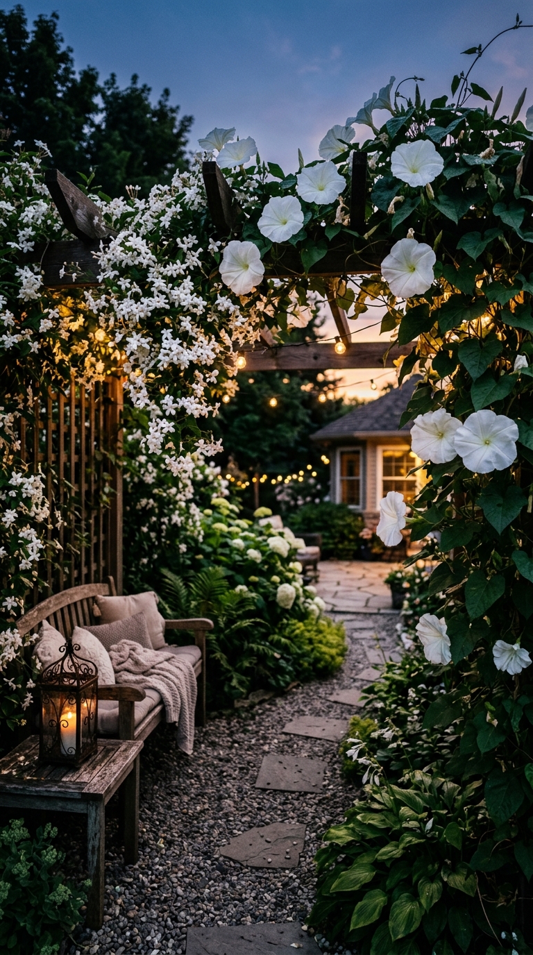 Evening fragrance garden with jasmine and moonflowers at dusk