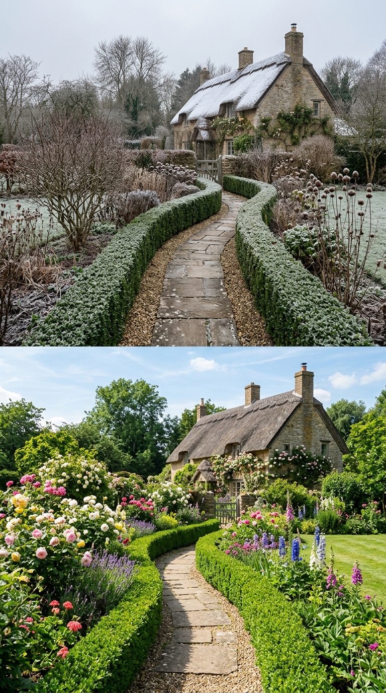 Evergreen boxwood anchors giving year-round structure to an English garden