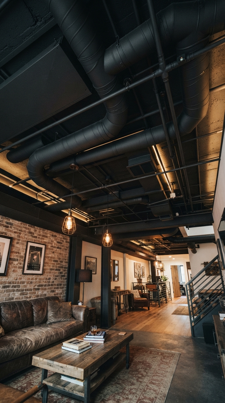 Basement exposed ductwork painted to blend with ceiling