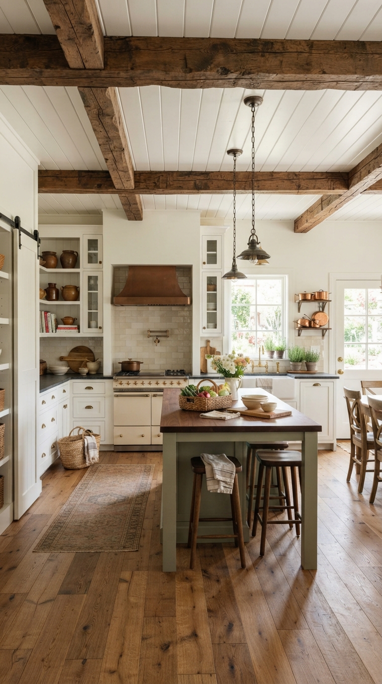 Exposed wood beams with painted panel ceiling in a farmhouse kitchen