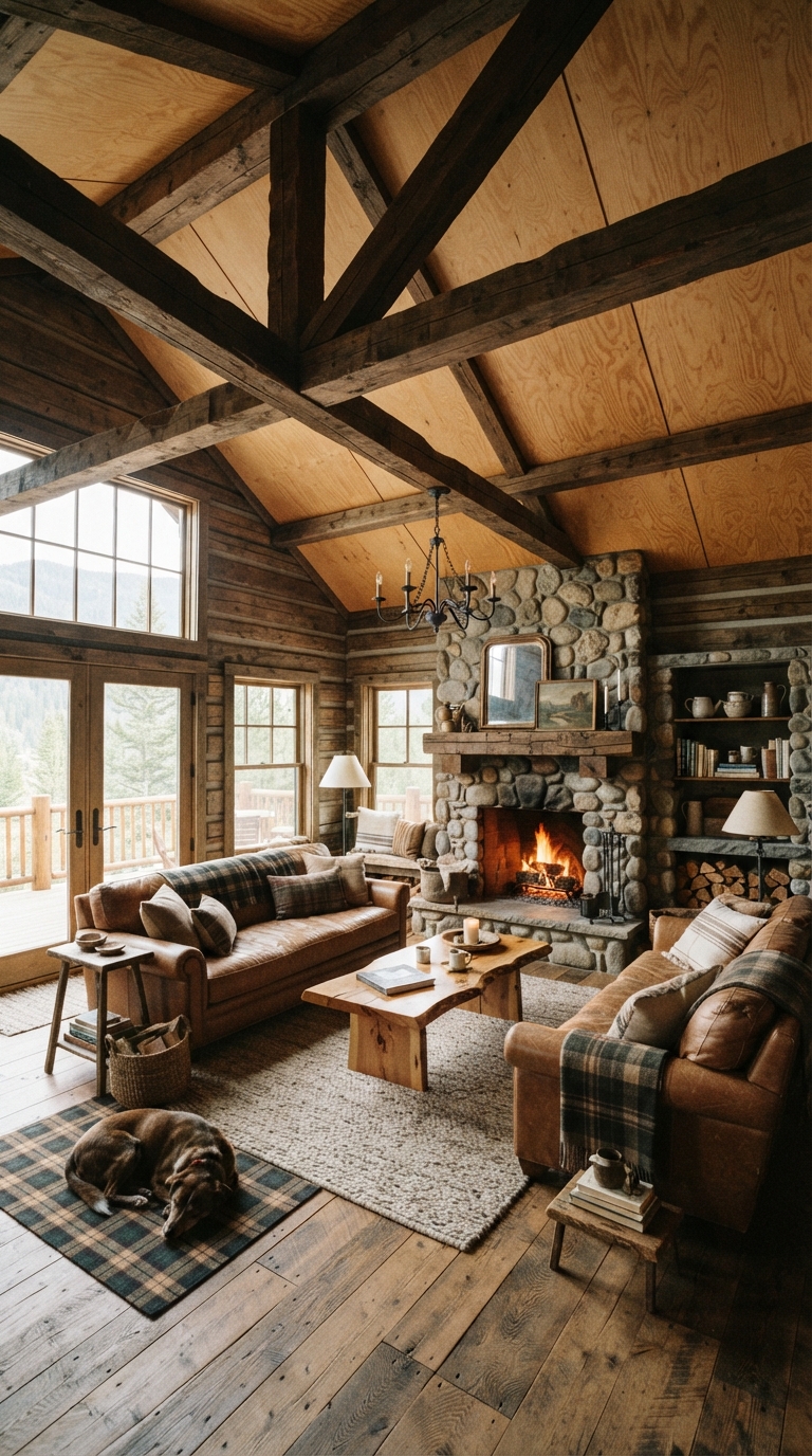 Exposed beam ceiling with flat plywood infill in cabin