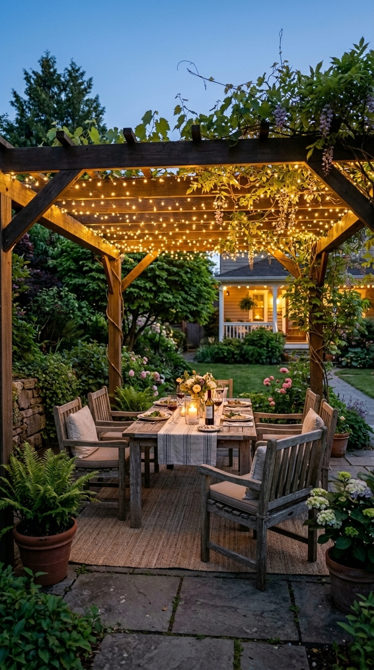 Fairy lights draped across a pergola creating a warm canopy over an outdoor dining area