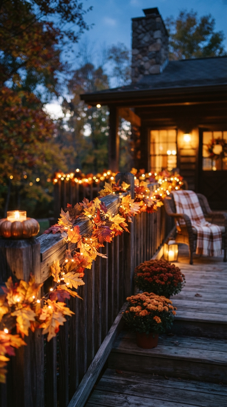 Fairy light garland with autumn leaves on porch railing